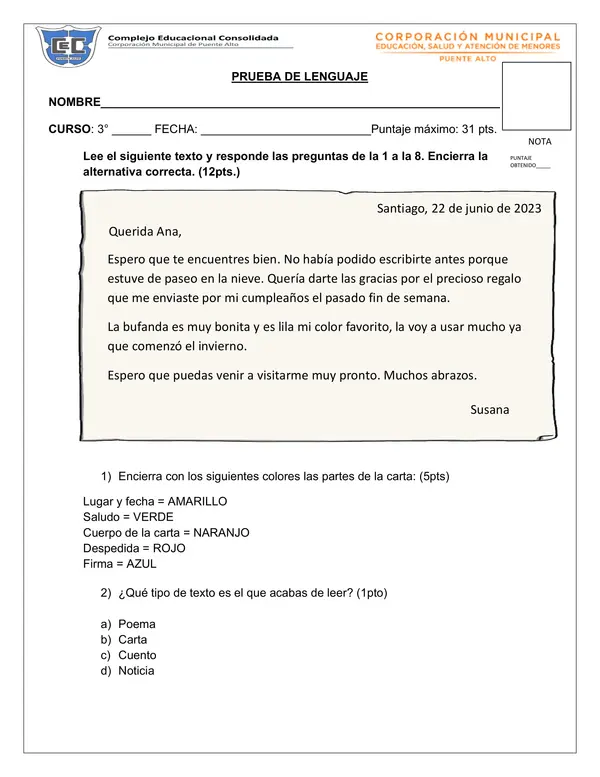 Prueba de lenguaje Carta, Fábula y Cuento