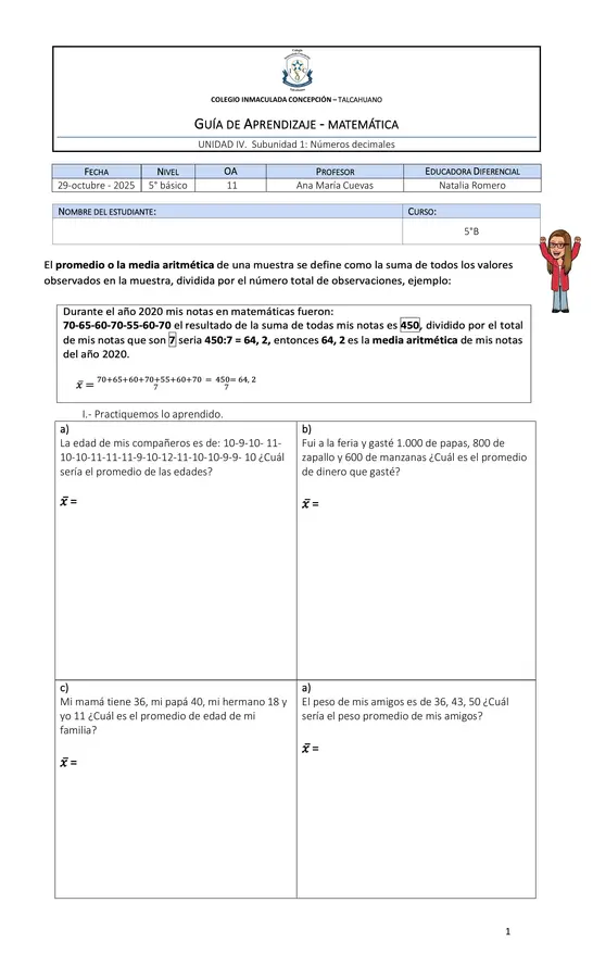 Guía cálculo de promedio 