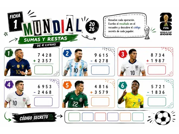 Mundial Matemático 2026: 7 Fichas de Sumas y Restas de 4 Cifras