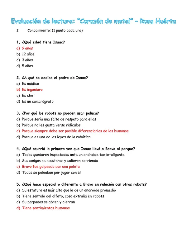 Evaluación lectura "Corazón de metal" Rosa Huerta