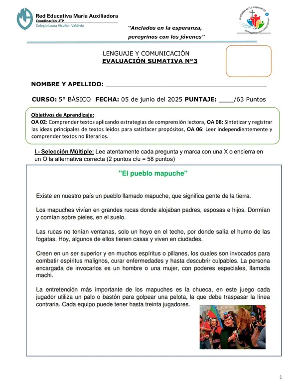 Evaluación textos informativos, comprensión lectora y modelo RIC - 5° Básico