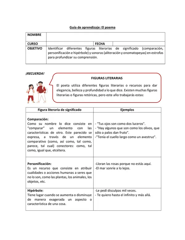 Guía de aprendizaje: Figuras literarias en el poema