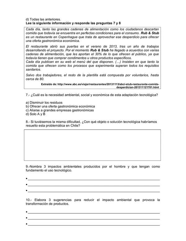 Evaluacion de Tecnologia 7 Basico N8: Los efectos en aspectos ambientales de las soluciones