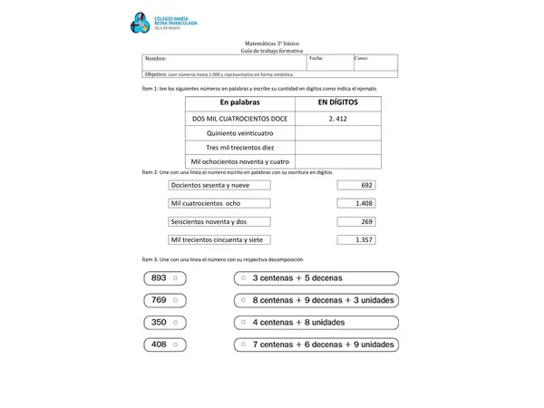 Guía de trabajo valor posicional, representación numérica en palabras, simbólica y pictórica. 