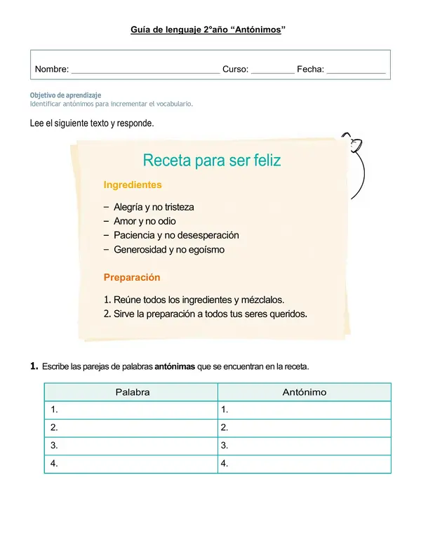 Guía de lenguaje 2° año "Antónimos"