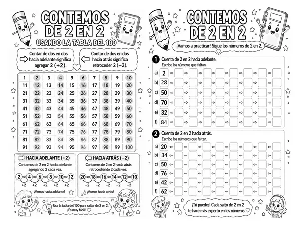 Escritura de números, conteo de 2 en 2 , 5 en 5, 10 en 10