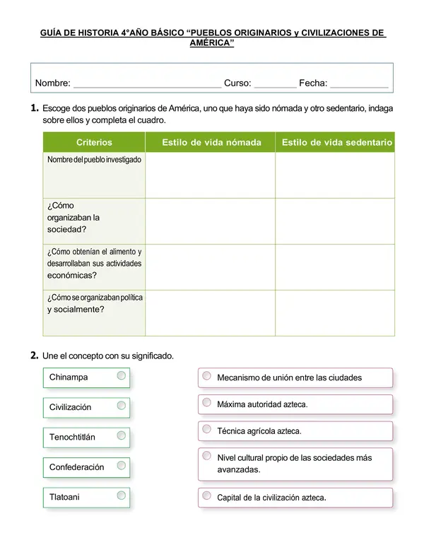 Guía de historia 4°año "Pueblos originarios y civilizaciones de América".