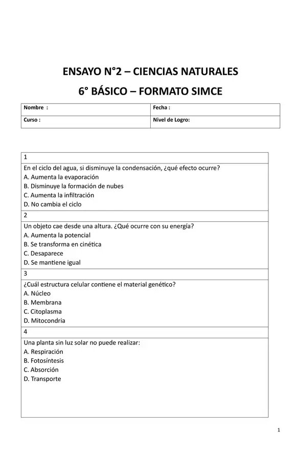 ENSAYO  N2  CIENCIAS NATURALES  2026