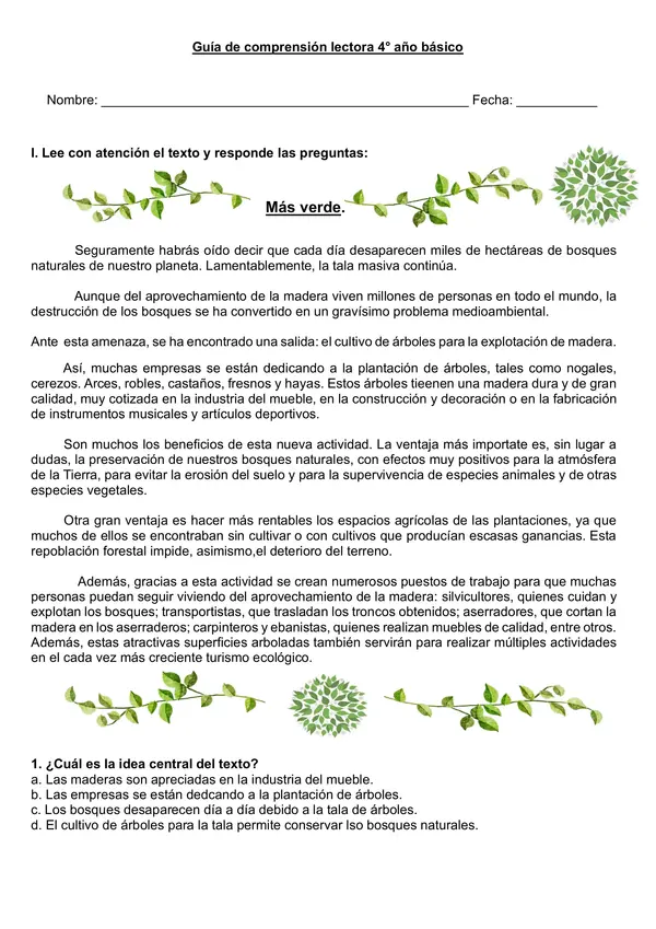 Guía de comprensión artículo informativo "más verde" 4° año.