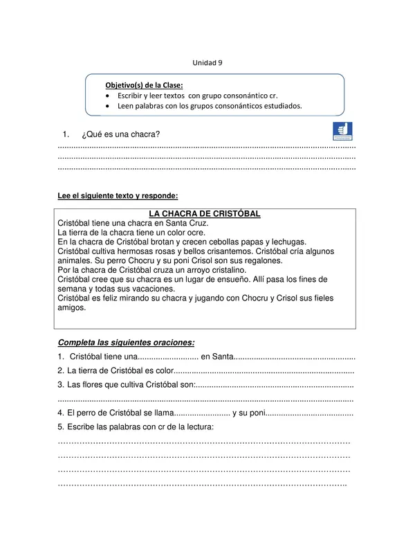 Guia de Lectura La Chacra de Cristobal y Grupo CR para Lenguaje 1 Basico
