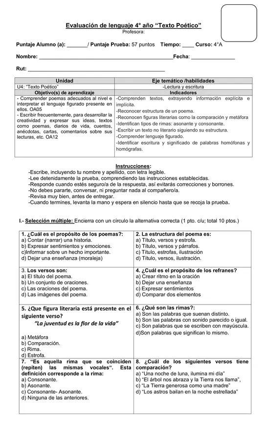 Evaluación 4°año "Texto poético"