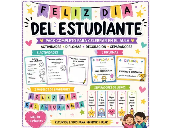🎉 Mega Pack Día del Estudiante: 5 Actividades + Decoración + Diplomas y Separadores