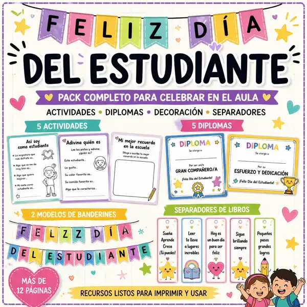 🎉 Mega Pack Día del Estudiante: 5 Actividades + Decoración + Diplomas y Separadores