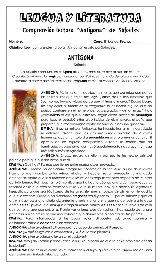 Guía de trabajo - Comprensión lectora Antígona - 8° 