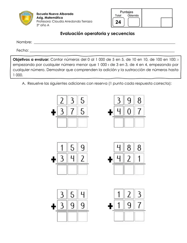Evaluación: Adición con reserva y sustracción con canje
