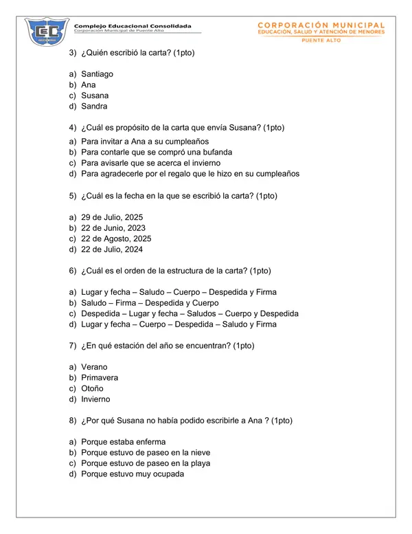 Prueba de lenguaje Carta, Fábula y Cuento