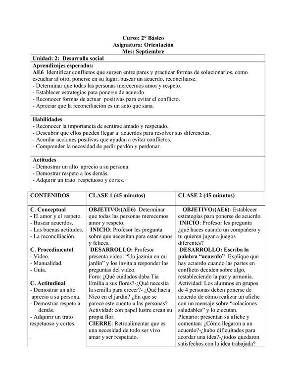Planificación Clase a Clase: Septiembre | Orientación Segundo Básico