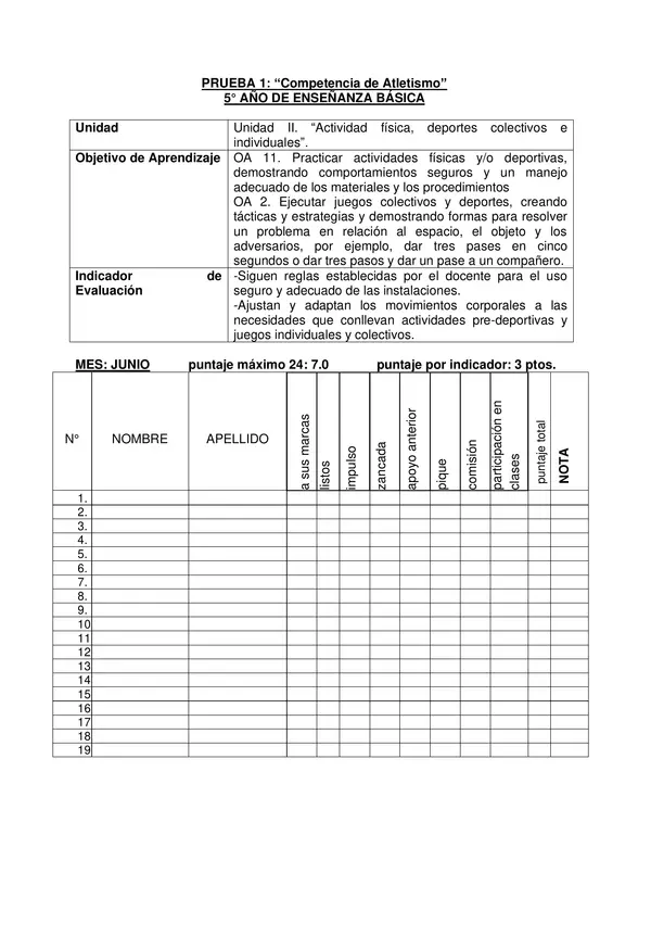 EDUCACION FISICA Y SALUD UNIDAD 2: EVALUACION COMPETENCIA DE ATLETISMO CON RUBRICA QUINTO BASICO