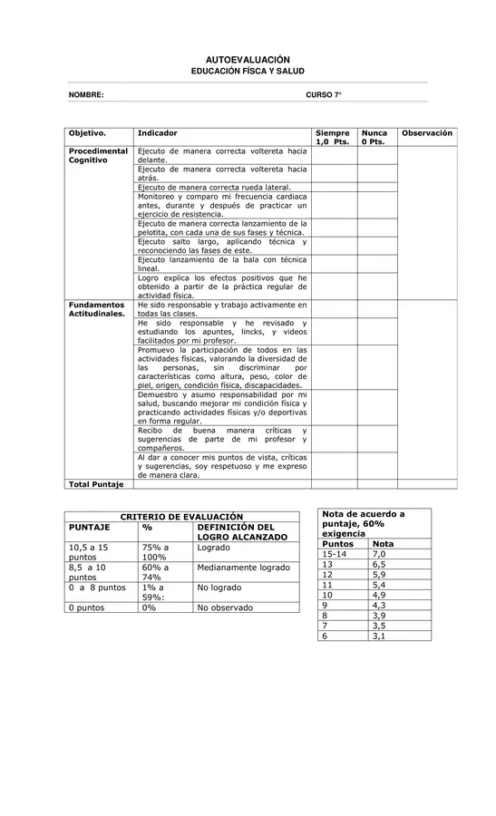 Autoevaluacion de Educacion Fisica 7 Basico: Volteretas, Rueda Lateral y Frecuencia Cardiaca