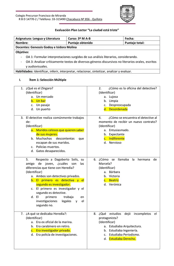 Evaluación Plan Lector "La ciudad está triste"
