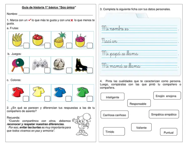 Guía de historia 1° básico "Soy Único"