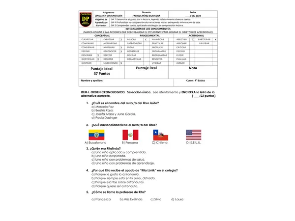 EVALUACIÓN PLAN LECTOR: RITALINDA