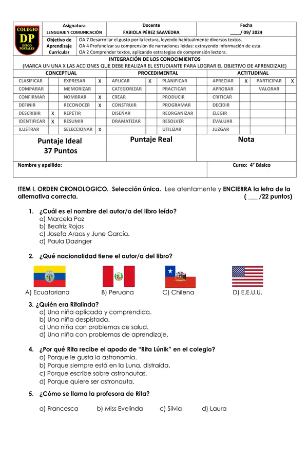 EVALUACIÓN PLAN LECTOR: RITALINDA