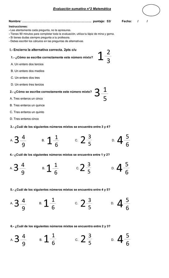 evaluación números mixtos