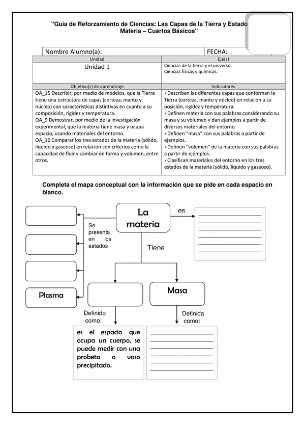 Guía editable "Las capas de la Tierra y los estados de la materia cuartos años en formato Word