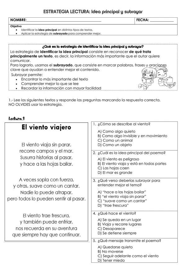 ESTRATEGIA LECTURA: Idea principal y subrayar