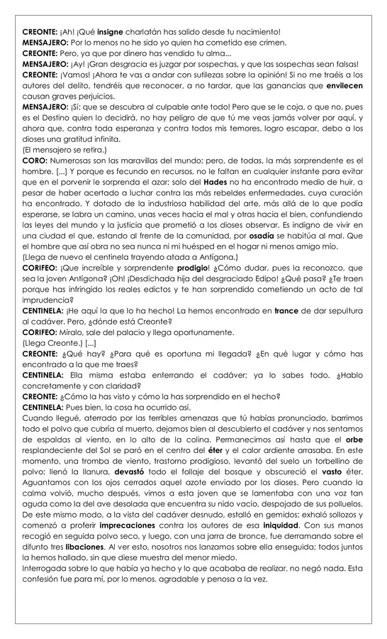 Guía de trabajo - Comprensión lectora Antígona - 8° 