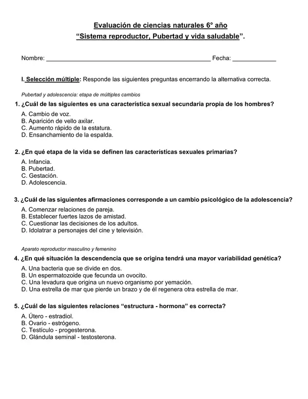 Evaluación Sistema reproductor, Pubertad y vida saludable 6° año básico.