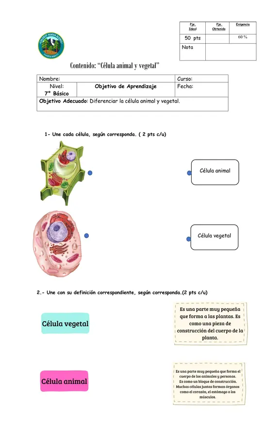 Evaluación de Ciencias " célula animal y célula vegetal"