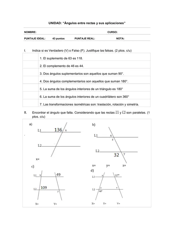 Evaluacion de Matematica 6 Basico: angulos entre rectas