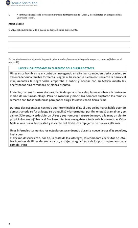 Guía: Leer, comprender y analizar el fragmento de una epopeya.