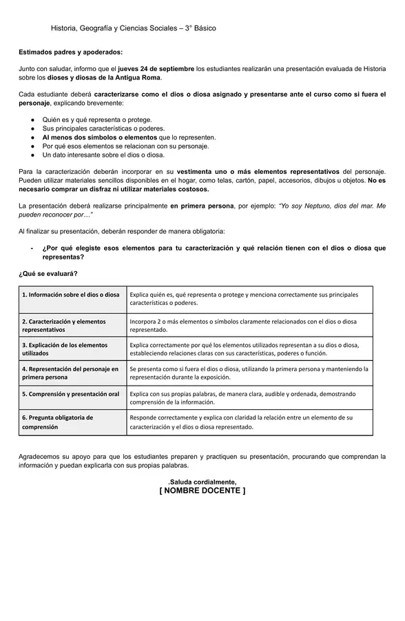 EVALUACIÓN- REPRESENTACIÓN DIOSES ROMANOS -3RO BÁSICO