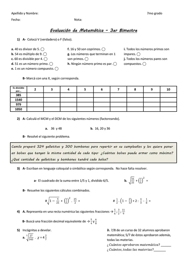 Evaluación de matemática 