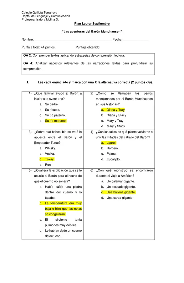 Evaluación Plan Lector "Las aventuras del Barón Munchausen"