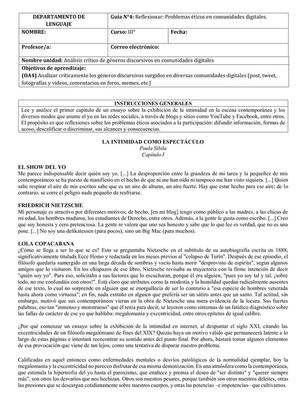 GUÍA N°4. UNIDAD N°3. LENGUA Y LITERATURA. TERCERO MEDIO. 