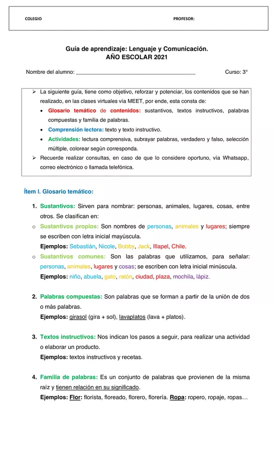 Guía de Lenguaje. Sustantivos comunes y propios, comprensión lectora y familia de palabras.