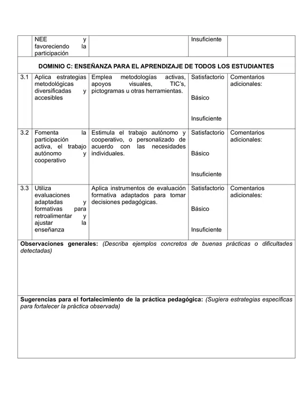 Pauta de observación prácticas pedagógicas