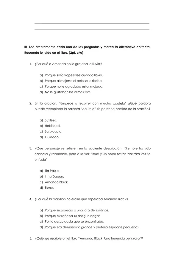 Evaluación plan lector: "Amanda Black" 
