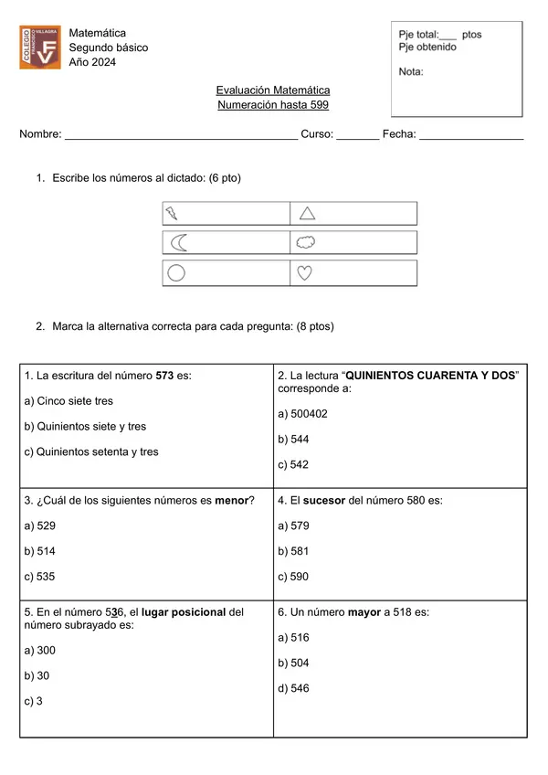 Evaluación matemática numeración familia del 500