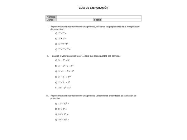 Guia de ejercitacion Multiplicacion y division de potencias con igual base o exponente, OCTAVO