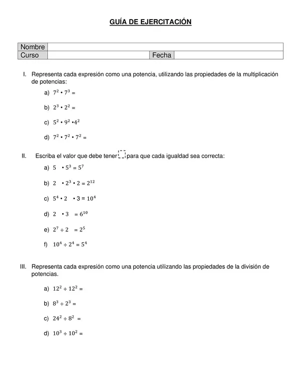 Guia de ejercitacion Multiplicacion y division de potencias con igual base o exponente, OCTAVO