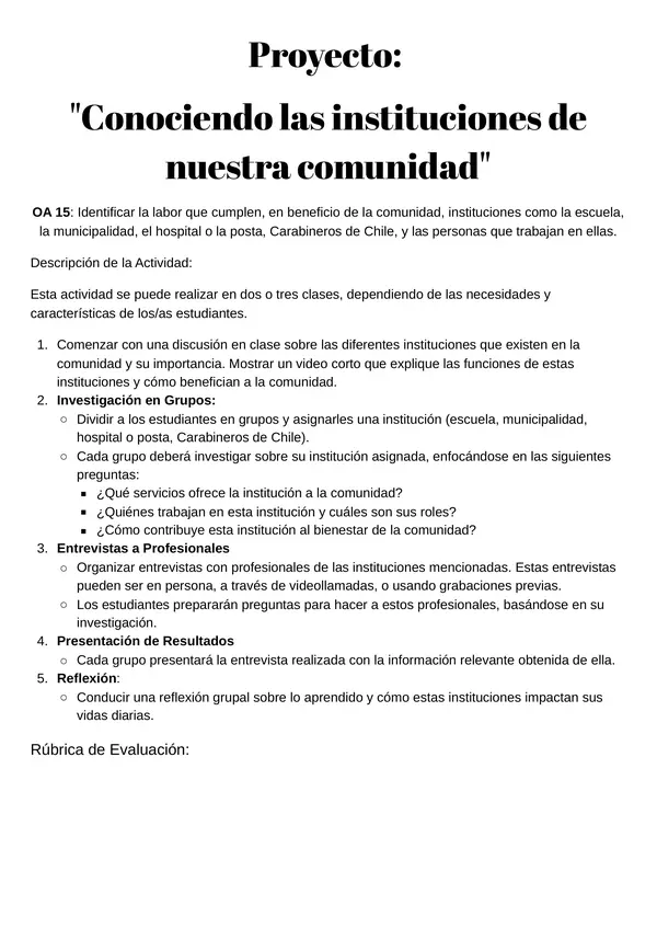 Proyecto: "Conociendo las instituciones de nuestra comunidad". Descripción y rúbrica