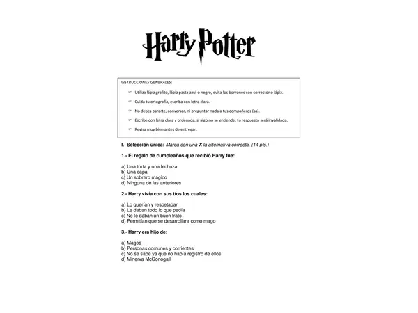 Control de lectura Harry Potter y la piedra filosofal (Editable) 