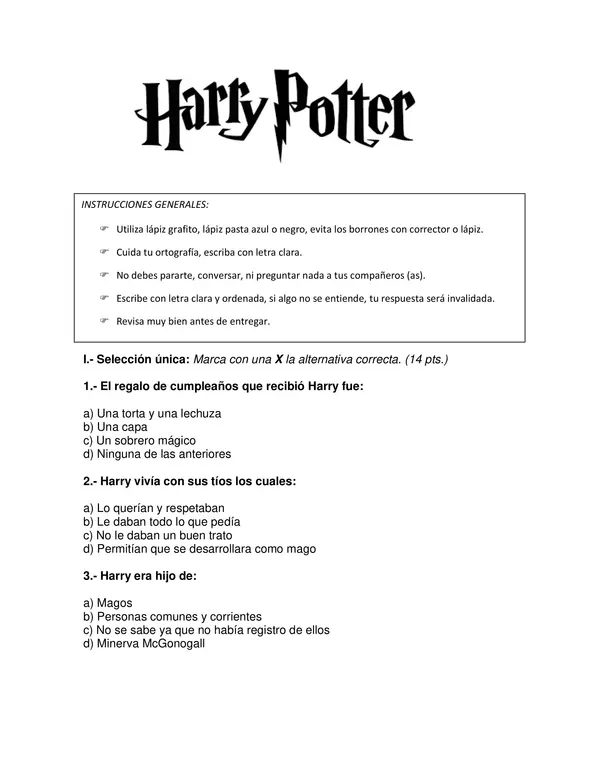 Control de lectura Harry Potter y la piedra filosofal (Editable) 