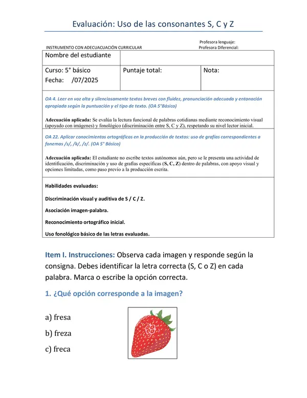 PRUEBA DE CONTENIDOS DE 5° BÁSICO CON ADECUACIÓN CURRICULAR
