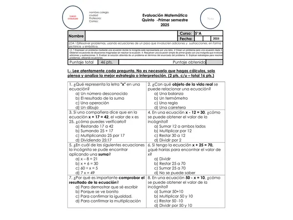 Matemática 5° Ecuaciones de un paso con sumas y restas – OA15